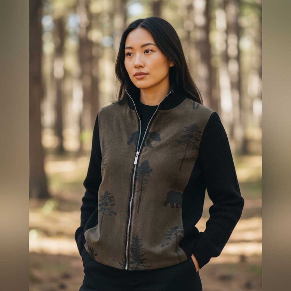 Robert Kitchen Green and Black Forest Design Women's Full Zip Cardigan